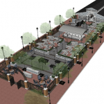 a computer rendering of a building with a lot of tables and chairs.