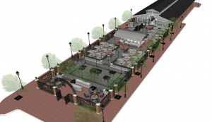 a computer rendering of a building with a lot of tables and chairs.
