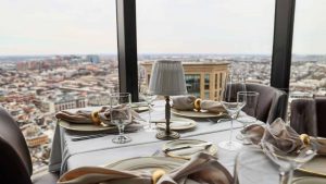 a table set for two with a view of the city.