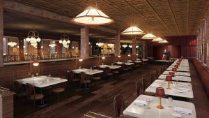 a restaurant with tables, chairs, and lamps.