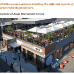 an aerial view of a restaurant in a city.