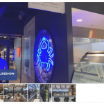 a picture of a restaurant with a blue neon sign.
