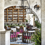 a restaurant with tables, chairs, and plants.
