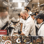 a group of men standing in a kitchen preparing food.