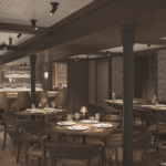a restaurant with tables and chairs and a painting on the wall.
