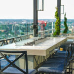 a restaurant with a view of the city.