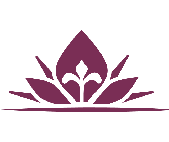 a purple and white logo of a flower.