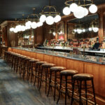 a bar with a bunch of stools in front of it.