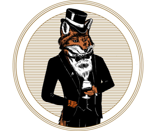 a fox wearing a top hat and holding a drink.