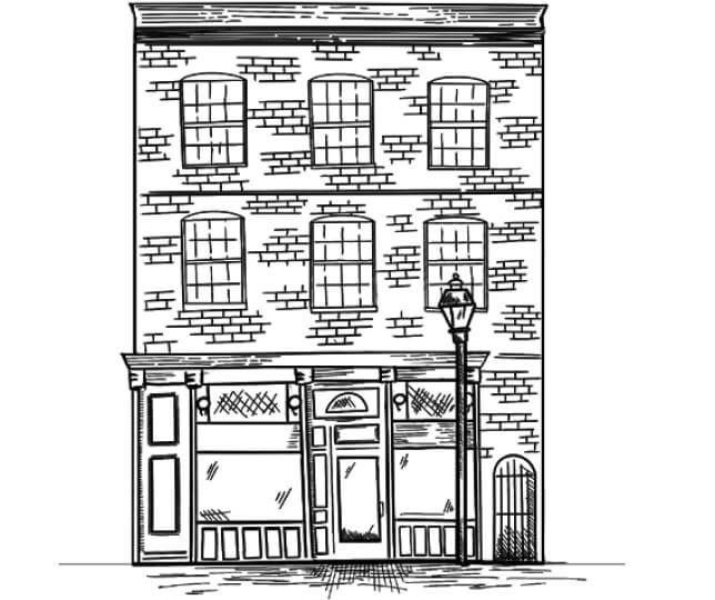 a black and white drawing of a building.