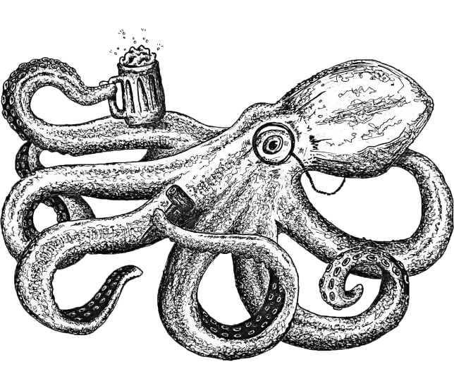 a drawing of an octopus holding a beer.