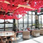 a restaurant with tables and chairs with red flowers hanging from the ceiling.