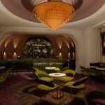 a rendering of a bar with green chairs and paintings.