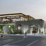 an artist's rendering of a building at dusk.