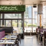 The interior of a restaurant with a view of the city.